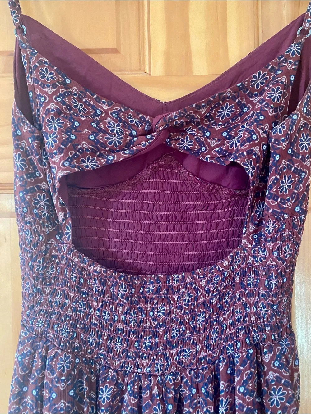 Abercrombie & Fitch Floral Smocked Open Back Sheer Maxi Dress Burgundy S